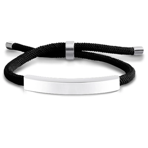 Close-up of adjustable black braided cord bracelet with polished silver curved metal plate