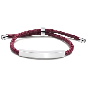 Close-up of wine red braided strap with polished silver metal bar and adjustable buckle