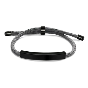 Close-up of minimalist grey woven rope bracelet with black curved metal bar detail