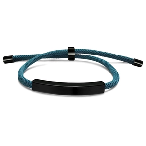 Macro view of a braided teal rope bracelet with an adjustable black metal plate detail