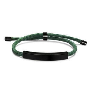 Detail of dark green braided rope bracelet with polished black metal ID tag and clasp