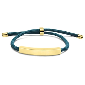 Detail of dark green braided cord bracelet with adjustable gold slide buckle and metal plate