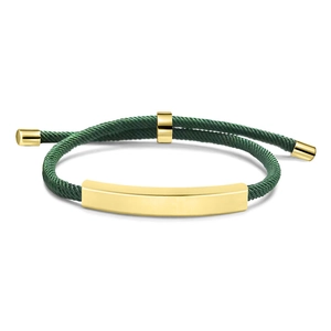 Detail of dark green woven bracelet with polished gold metal plate and adjustable cord