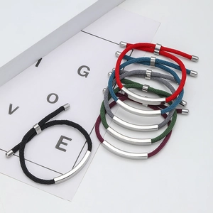 Adjustable woven rope bracelet with polished stainless steel bar in various colors
