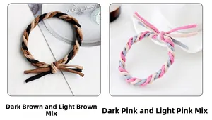 Dettaglio di elastici per capelli intrecciati in marrone e rosa con piccoli nodi