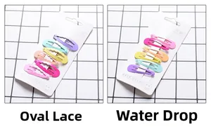 Detail view of macaron candy color hair clips in oval and water drop shapes set
