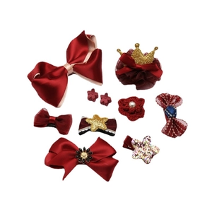 Set de 9 accessoires cheveux bordeaux avec nœuds en satin et couronne pailletée fille