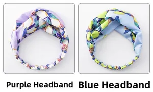 Detail view of purple and blue headbands with lemon prints and elastic bands