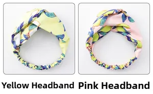 Detail of yellow and pink hairbands with lemon print and cross-twist design