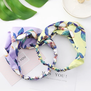 Japanese lemon floral print wide headbands with twisted knot and elastic back