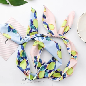 Japanese style lemon print hair scarf with blue and pink color-block summer pattern