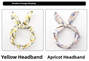 Detail view of yellow and apricot fabric headbands with tropical leaf patterns and bunny ears