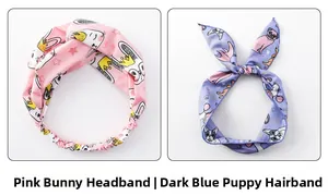 Detail von Stirnbändern mit rosa Hasen- und dunkelblauen Hundemustern für Mädchen