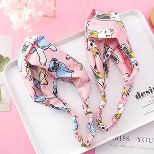 Rosa breites Twist-Stirnband Set mit süßem Hasen- und Hunde-Print für Frauen