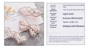 Detailed set of golden rhinestone duckbill clips with pearl accents in three shapes