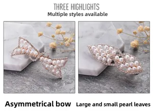 Macro detail of asymmetric bow and pearl leaf hair clips with glittering rhinestones