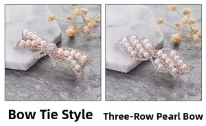Elegant bow hair clip set with sparkling rhinestones and pearls on marble background