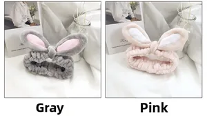 Detail of plush bunny ear headbands in grey and pink soft flannel for face washing