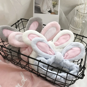 Cute bunny ear coral fleece headband set in multiple colors for skincare routines