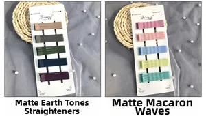 Detail view of colorful matte hair clips in earthy and macaron tones on card displays