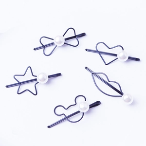 Lot de 5 barrettes à cheveux noires avec perles en forme de papillon, cœur et étoile
