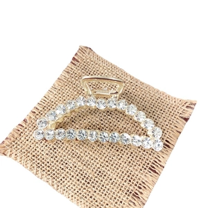 Elegant gold metal hair claw clip with double rows of sparkling rhinestones for women