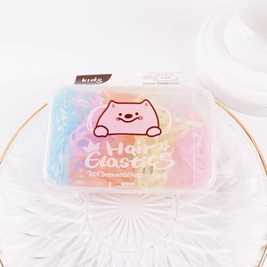 Colorful disposable hair elastics for kids in a transparent box with cat pattern card