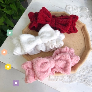 Sweet Bow Plush Headband For Women Soft Fabric Elastic Hair Band For Washing Face Makeup Skincare Spa Headwear Accessories
