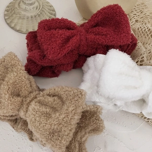 Soft plush bow headbands in red, white and khaki for face washing and skincare routines