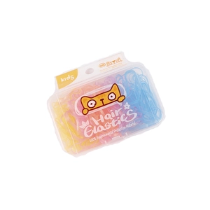 Colorful kids hair elastics set in transparent box with cute cat pattern on white background