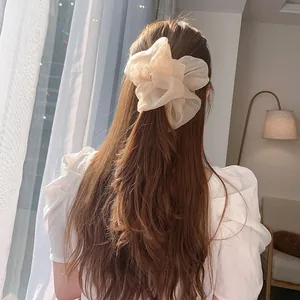 Nahaufnahme eines beige-farbenen Übergroßen Organza-Haargummis auf langem Haar