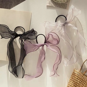 Elegant chiffon bow scrunchies in black, purple and grey with long streamers