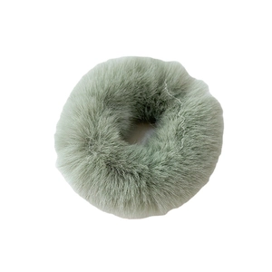 Fluffy faux fur scrunchie in soft Morandi green, luxury plush hair tie for women