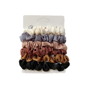 6-pack colorful satin scrunchies set in assorted neutral tones displayed on card
