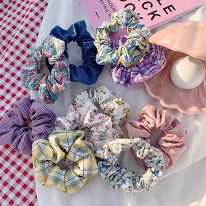 Französischer Stil Große Haargummis Set Blumen Karo Denim Retro Elastische Haarbänder Mode Haarschmuck Für Damen Mädchen Täglich