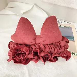 Burgundy velvet bow headband with ruffled edges for face washing and daily hair styling