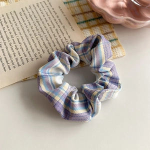 Retro plaid oversized hair scrunchie with purple yellow blue checks in French style