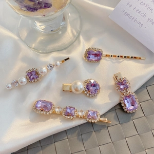 Elegant 5-piece purple crystal and pearl hair clip set with gold-tone alloy base