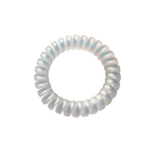 Pearlescent white spiral hair tie with mermaid shimmer finish on a plain white background
