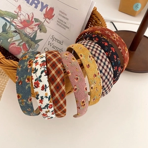 Französischer Retro Karo Blumen Stoff Haarreif Süßer Waldstil Cord Breites Haarband Für Damen Täglicher Mode Haarschmuck