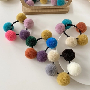Colorful plush pom-pom hair ties with high elastic black rope for women and girls