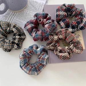 Set of five vintage tweed plaid scrunchies in various classic British checkered patterns