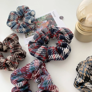 Vintage French tweed plaid scrunchies set in various colors for elegant ponytail styling