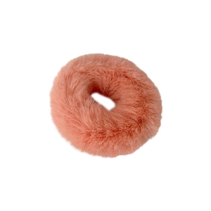 Cute coral pink fluffy plush hair scrunchie for women with thick soft velvet texture