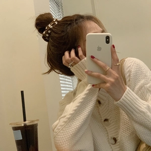 Polka dot knitted scrunchie in coffee brown hair tie with elegant Korean style