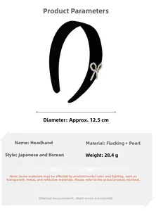 Detail view showing black velvet pearl bow headband dimensions 12.5cm and 28.4g weight
