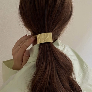 Barrette à cheveux minimaliste en métal doré brossé sur queue de cheval brune