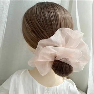 Détail d'un chouchou élégant en organza rose pâle porté sur un chignon bas