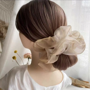 Gros plan sur chouchou élégant en organza or champagne avec texture perlée pour queue de cheval