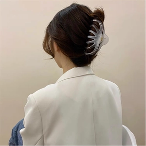 Detail showing translucent glacier hair claw clip in matte finish on model hair